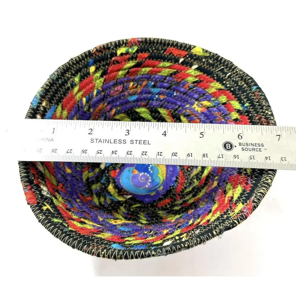 Handmade Coiled Fabric Bowl Bird Center Quilted Textile Basket 7” Colorful Decor